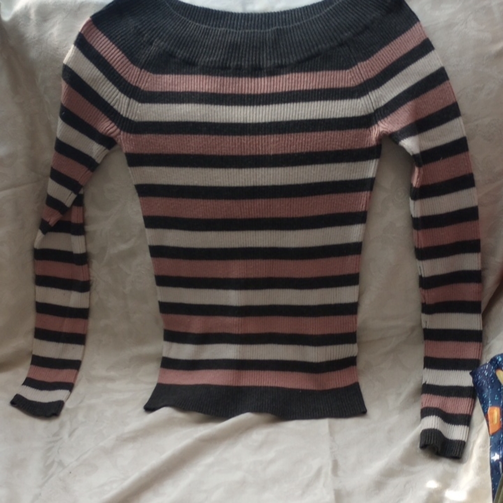 Elegant Striped Women's Sweater - Black, Pink, and White